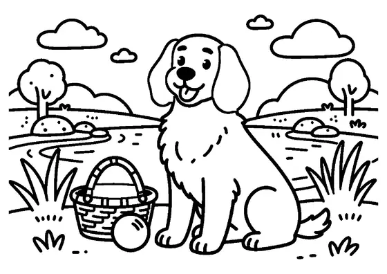 A spaniel sitting by a basket and ball near a pond surrounded by reeds, rocks, and trees.