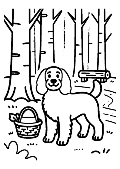 Um Spaniel está perto de uma folha grande e de uma cesta trançada em uma clareira de bétulas no outono.