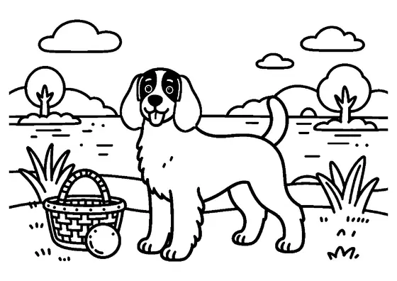 Un springer spaniel se tient près d’un panier et d’un ballon, au bord d’une baie entourée de roseaux, de vagues et de saules.