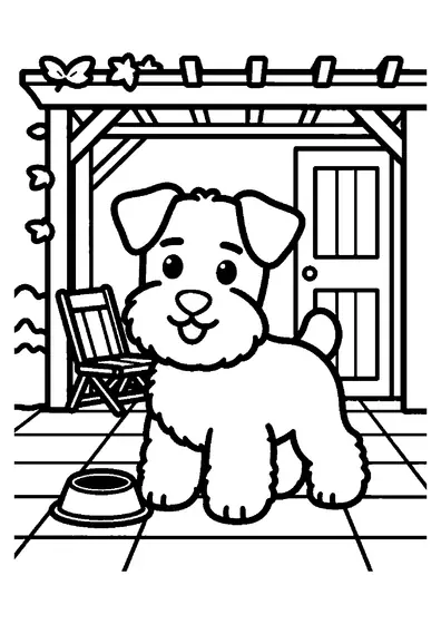 Uno schnauzer nano con la barba seduto su un patio in pietra sotto una pergola