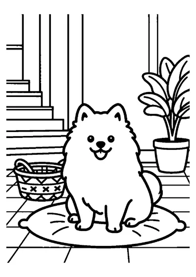 Un spitz au pelage touffu est assis près d’un coussin et d’un panier, à côté de l’escalier et d’une grande plante.