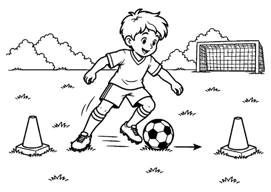 Young football player moving sideways with a ball between two cones, with a goal and arrow in the scene.