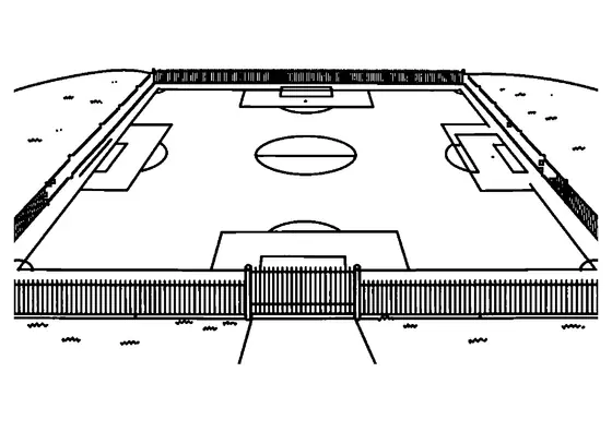 Pequeno campo de futebol de bairro com vedação simples e portão.