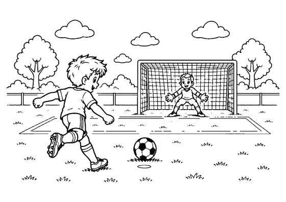 Young footballer running toward a stationary penalty ball while a goalkeeper waits centered inside the goal.