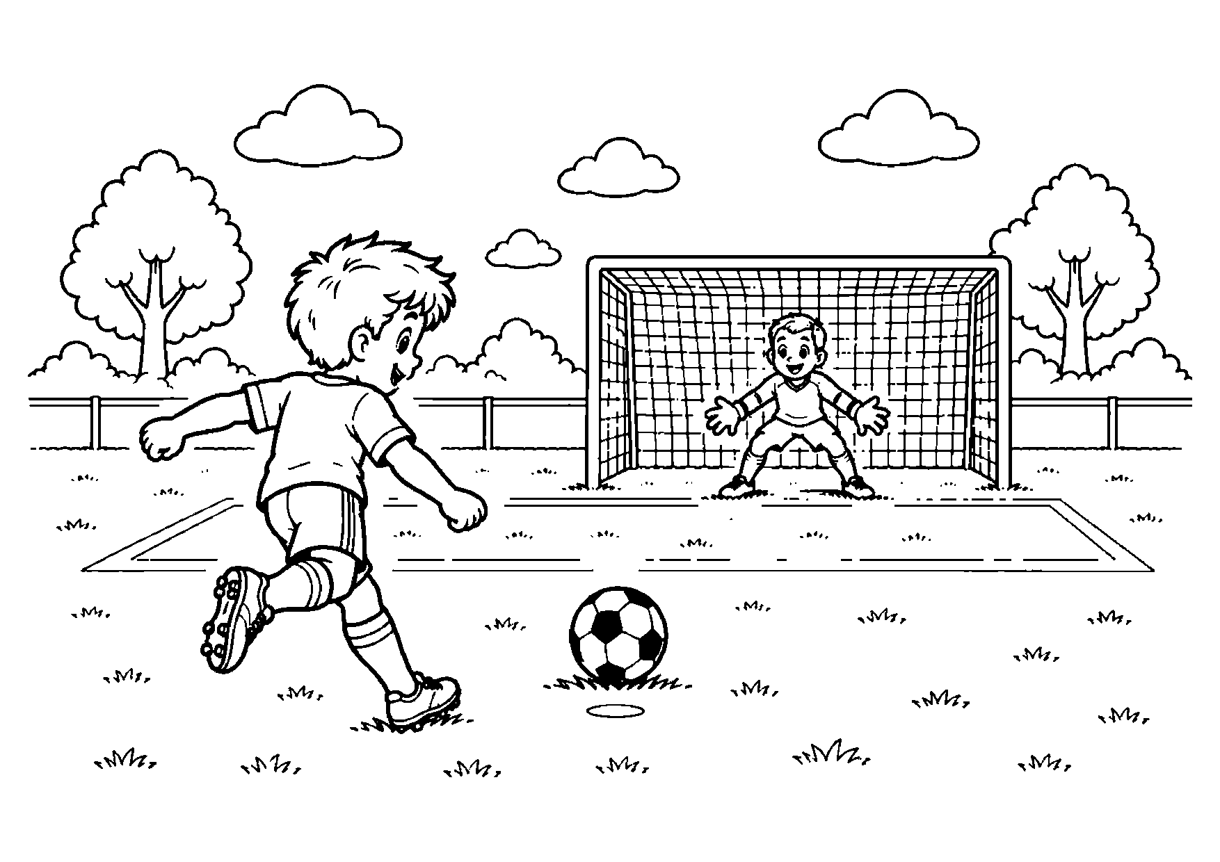 Young footballer running toward a stationary penalty ball while a goalkeeper waits centered inside the goal.