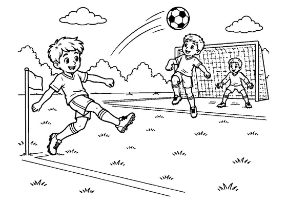 Young footballer sending a high cross toward a teammate in front of goal while a goalkeeper watches.