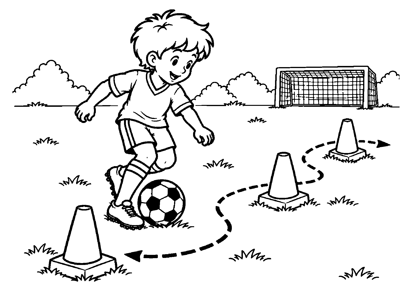 Young footballer dribbling along a curved route marked by three cones, with a dashed path and small goal.