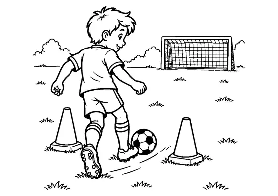 Young soccer player dribbling through a wide two-cone training gate while moving forward toward a small goal.