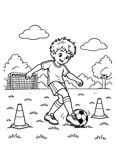 Young soccer player guiding a football with the outside of one foot between two training cones on the field.