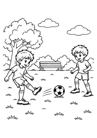 Two smiling children making a short soccer pass on a grassy park field with a tree and plain bench behind.