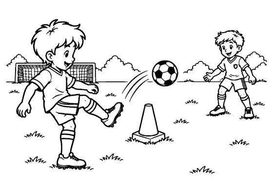 Young footballer lifting the ball over a training cone toward a teammate, with a simple goal behind them.