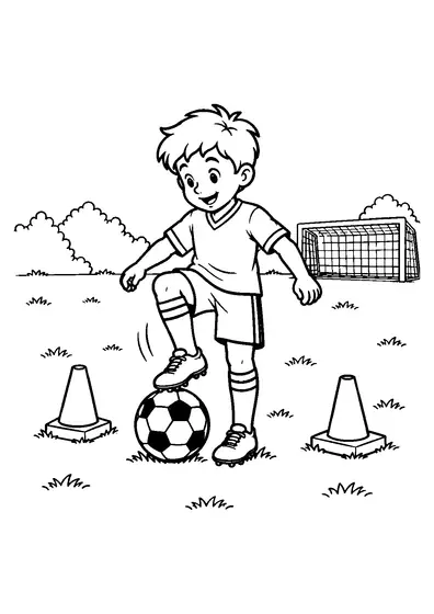 Young football player balancing with one foot on a stationary ball beside two training cones and a goal.