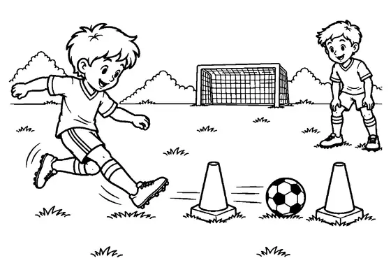 Young football player shooting low through two training cones while another child watches near a distant goal.