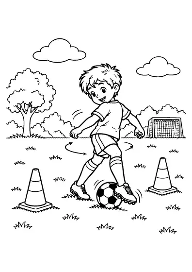 Smiling young soccer player turning with the ball kept close to one foot between two training cones.