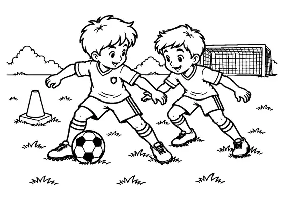 Two young footballers practicing as one shields the ball from a teammate, with a cone and small goal nearby.