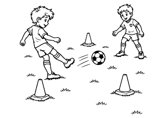Two young soccer players passing a ball inside a wide triangle marked by three training cones on an open field.