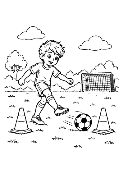 Young soccer player passing a football between two training cones with a small goal visible in the distance.