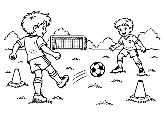 Two young footballers exchanging a quick pass between two training cones, with a small goal behind them.