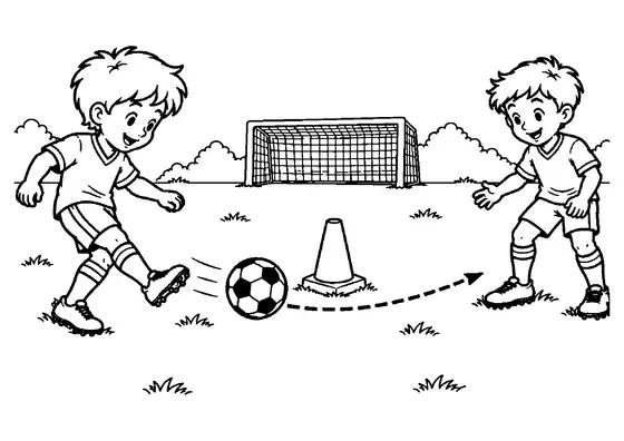 Two young footballers passing around a single training cone, with a curved dashed path and small goal behind.
