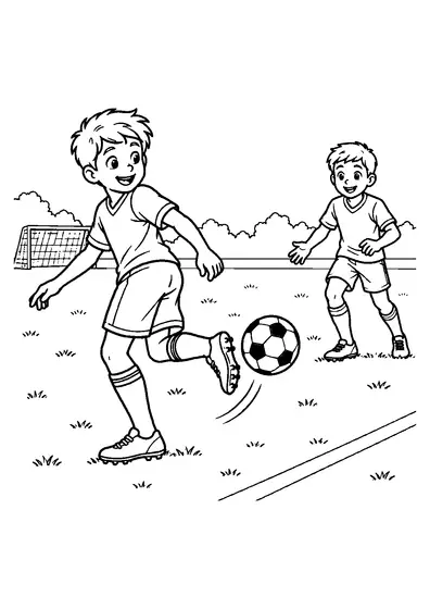 Young footballer backheeling the ball toward a teammate running forward, with a small goal behind them.