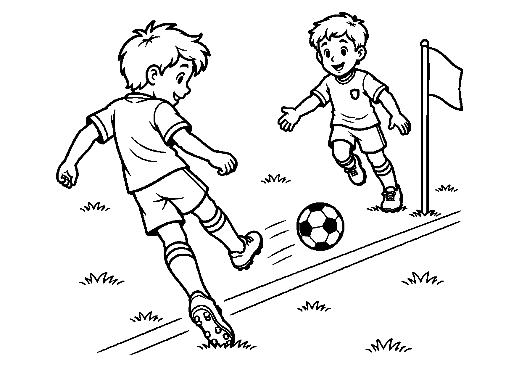 Two young soccer players passing the ball along a sideline with a plain corner flag and a few grass tufts nearby.