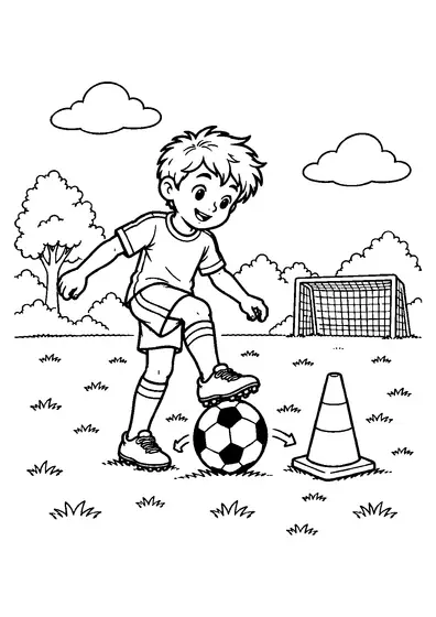 Young soccer player resting one cleated foot on a football beside a cone as arrows show a sideways sole roll.