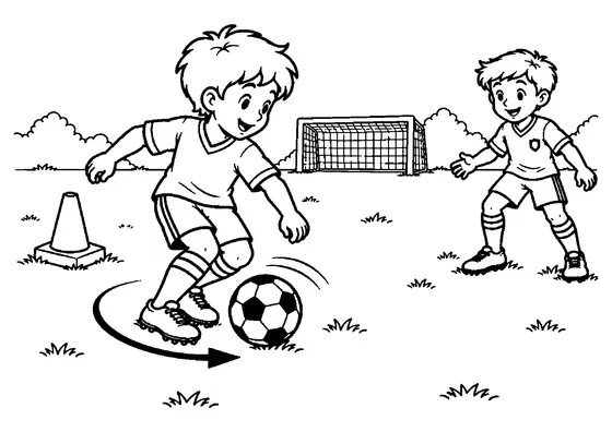Young footballer receiving a ground ball and turning beside a cone, with a teammate and small goal nearby.