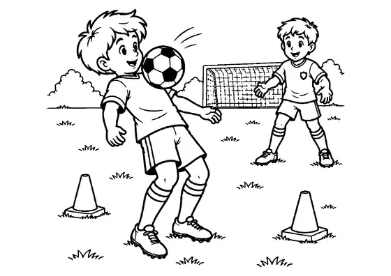 Young soccer player leaning back to cushion a ball against the chest while a teammate watches beside two cones.