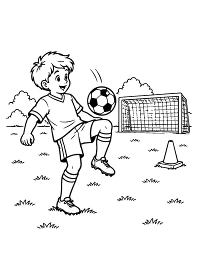 Young soccer player raising one thigh to cushion a descending ball with a goal and single training cone behind.
