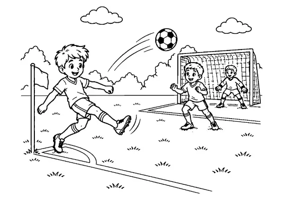 Smiling child taking a corner kick toward a teammate near goal while another child waits in the goal area.