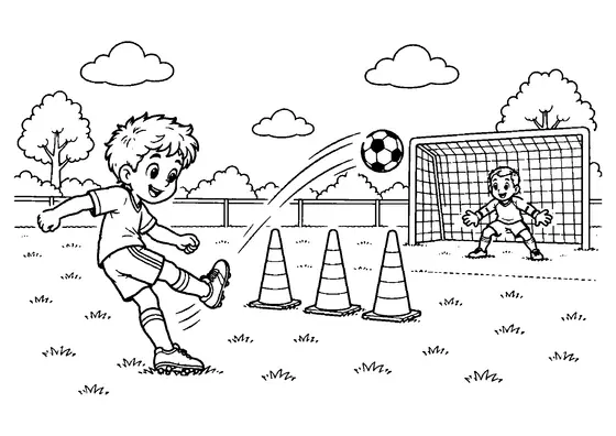 Young football player taking a free kick over three training cones toward a goal with a goalkeeper waiting.