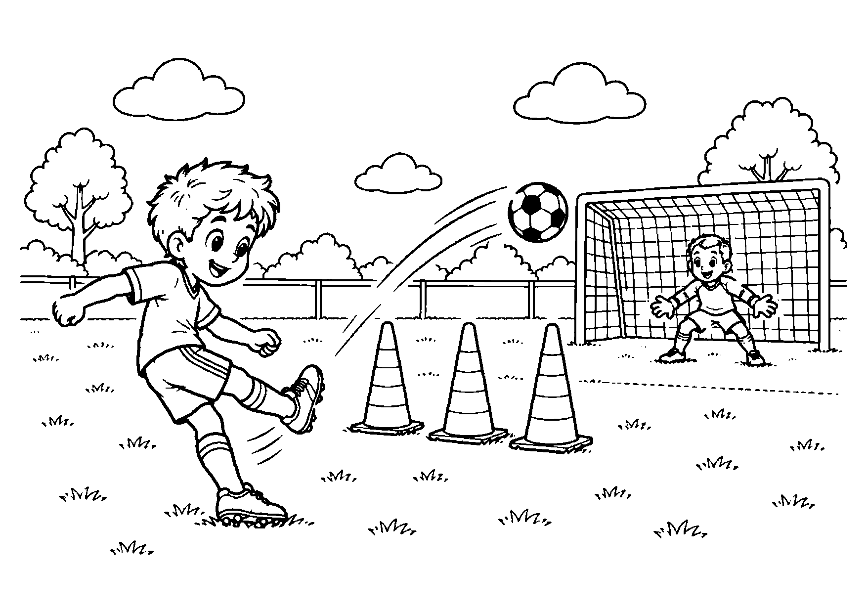 Young football player taking a free kick over three training cones toward a goal with a goalkeeper waiting.