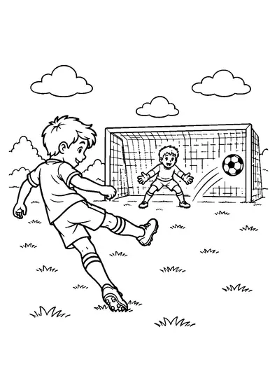 Young soccer player shooting diagonally toward the right side of a large goal as a goalkeeper stands in the center.
