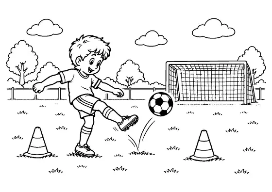 Young football player volleying a ball after a gentle bounce beside two cones with a simple goal behind.