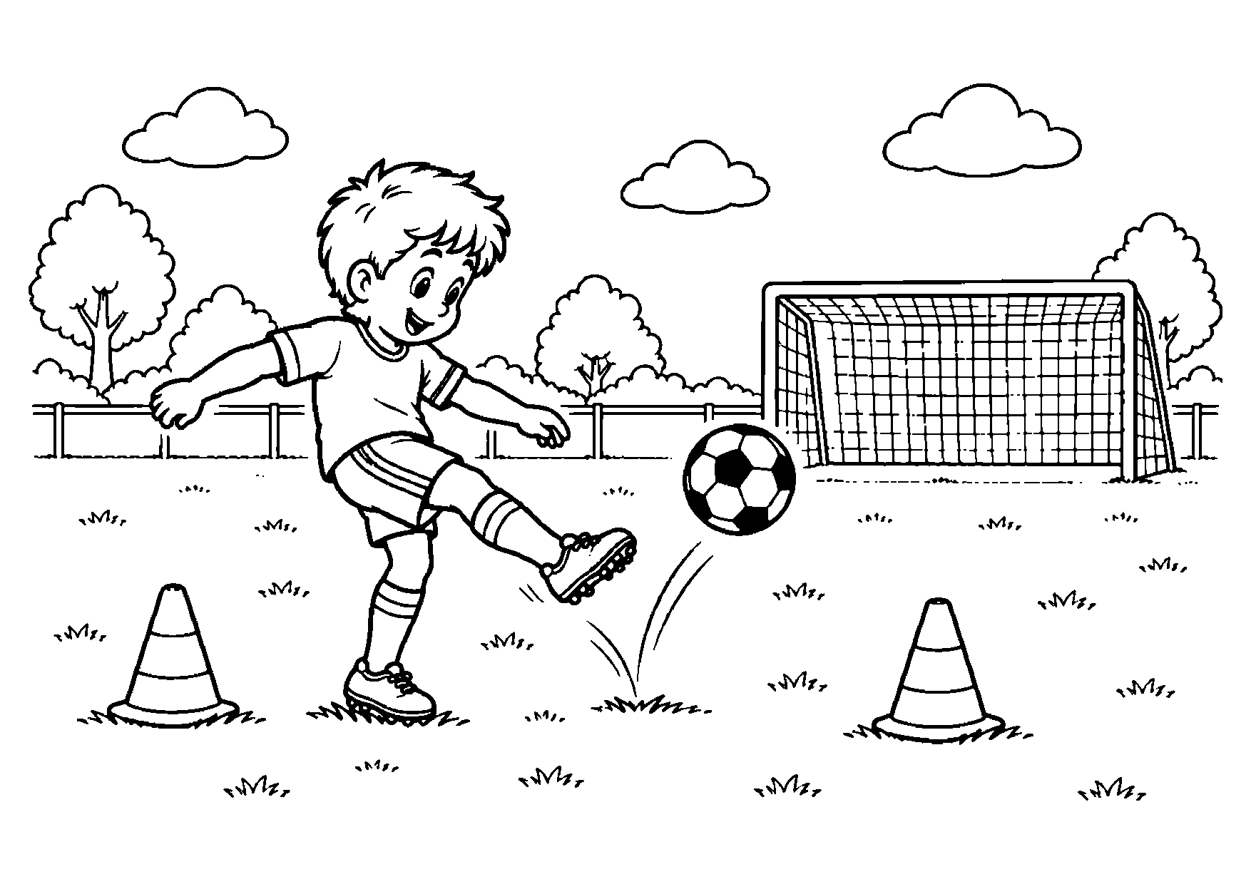 Young football player volleying a ball after a gentle bounce beside two cones with a simple goal behind.