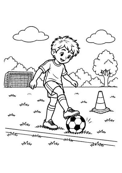 Smiling child stopping a football with one foot just before a field line, with a cone and small goal behind.