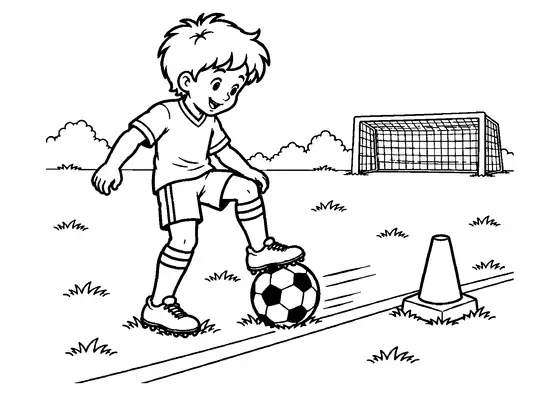 Young footballer stopping a rolling ball with one foot beside a training cone, sideline and distant goal.