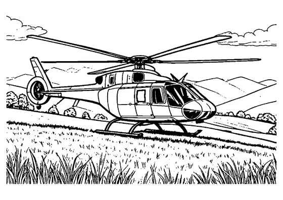 Un elicopter cu rotor mare zboară deasupra unei coline înverzite și a unui lanț muntos.