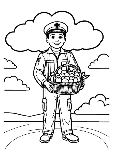 Un piloto sonriente, con uniforme y gorra, sostiene una gran cesta de fruta ante unas nubes esponjosas en este dibujo infantil.