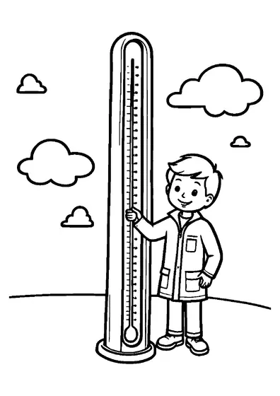Niño meteorólogo junto a un termómetro gigante y con nubes al fondo, con amplios espacios despejados para colorear.