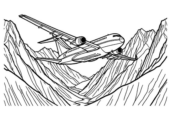 Gran avión a reacción volando por un valle entre altas cumbres montañosas, con espacios despejados para colorear.
