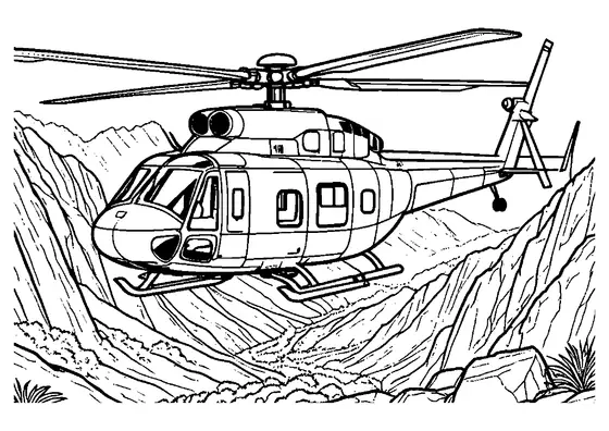 Un helicóptero con un gran rotor vuela sobre un valle de montaña, con el fuselaje y las montañas claramente delineados para colorear.