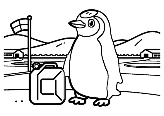 Un pingüino papúa caminando por el helipuerto de hormigón de una estación de investigación polar.