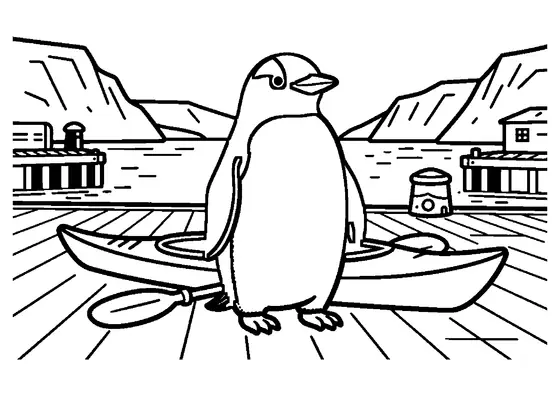 Un pinguin papua stă lângă un ponton din lemn și un caiac de mare.