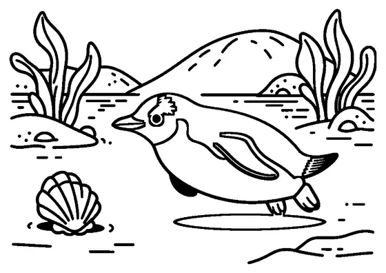 Eselspinguin beim Tauchen in einer Bucht mit großen Tangblättern und sanften Riffterrassen.