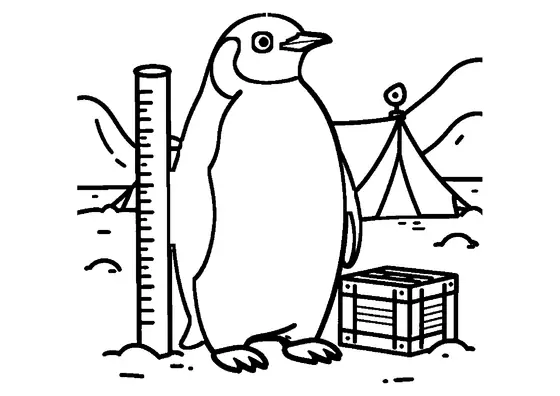 Un pinguin imperial stă în zăpadă lângă un jalon de măsurare polară și un cort de cercetare.