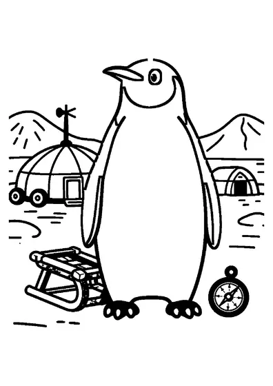 Un pingüino emperador de pie junto a un poste indicador de madera en un campamento polar.