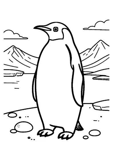 Planșă de colorat cu un pinguin imperial pe platoul Antarcticii, având în fundal ghețari și munți acoperiți de gheață.