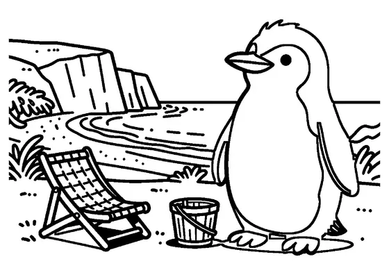 Un pinguin săritor stă lângă un fotoliu de plajă din răchită, pe o stâncă deasupra mării.