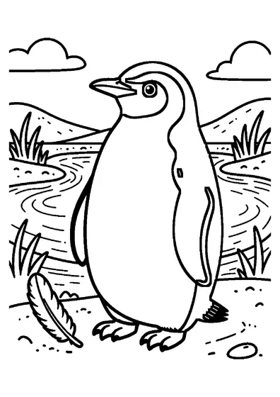 Ein Pinguin putzt neben einer Muschel am Ufer einer stillen Lagune sein Gefieder.